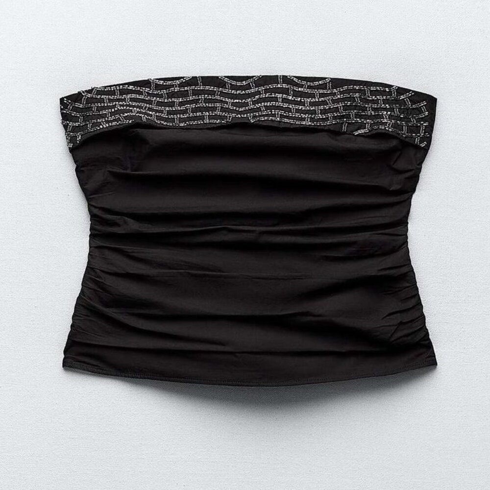 Zara Beaded Strapless Poplin Top Size Medium